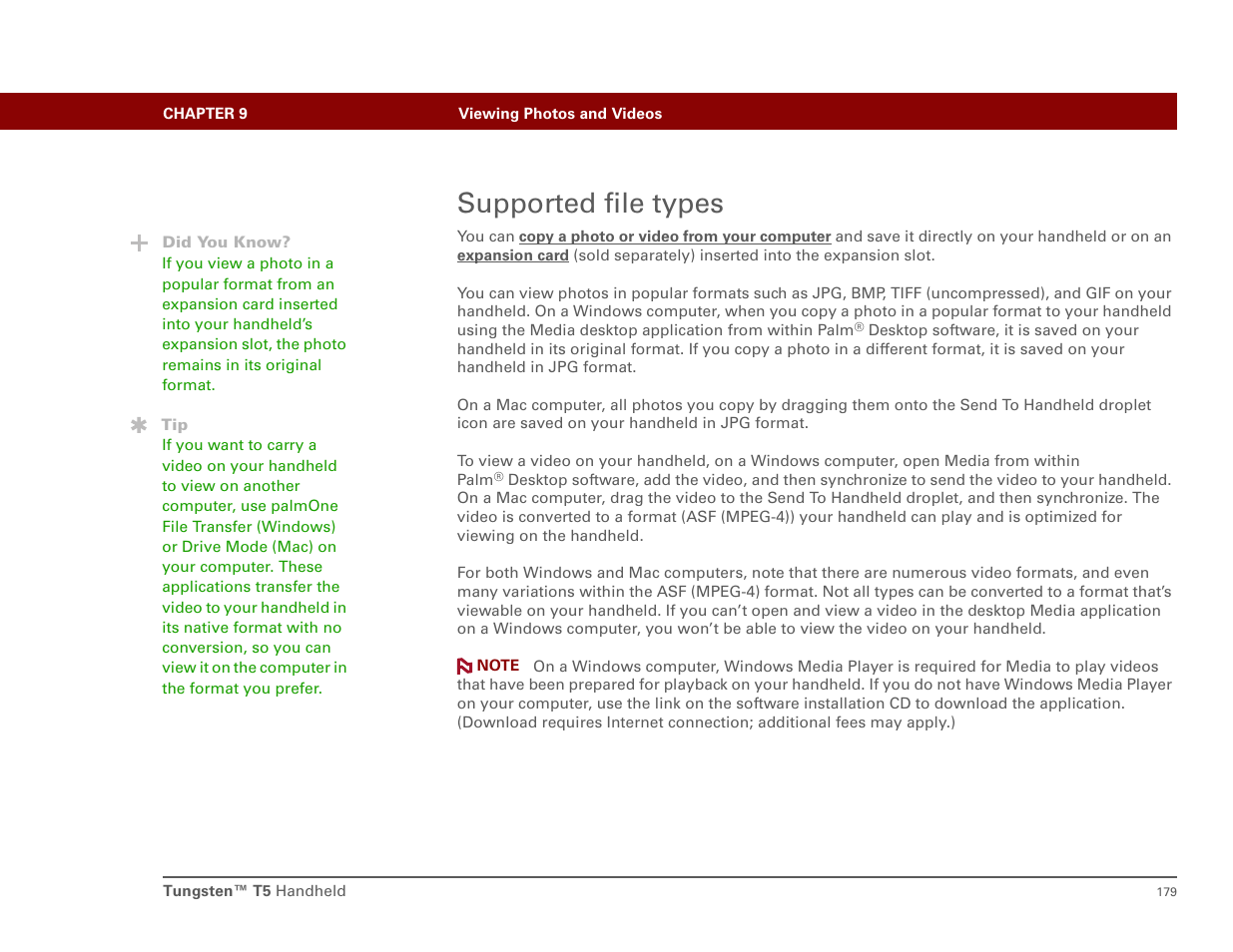 Supported file types | Palm T5 User Manual | Page 201 / 675