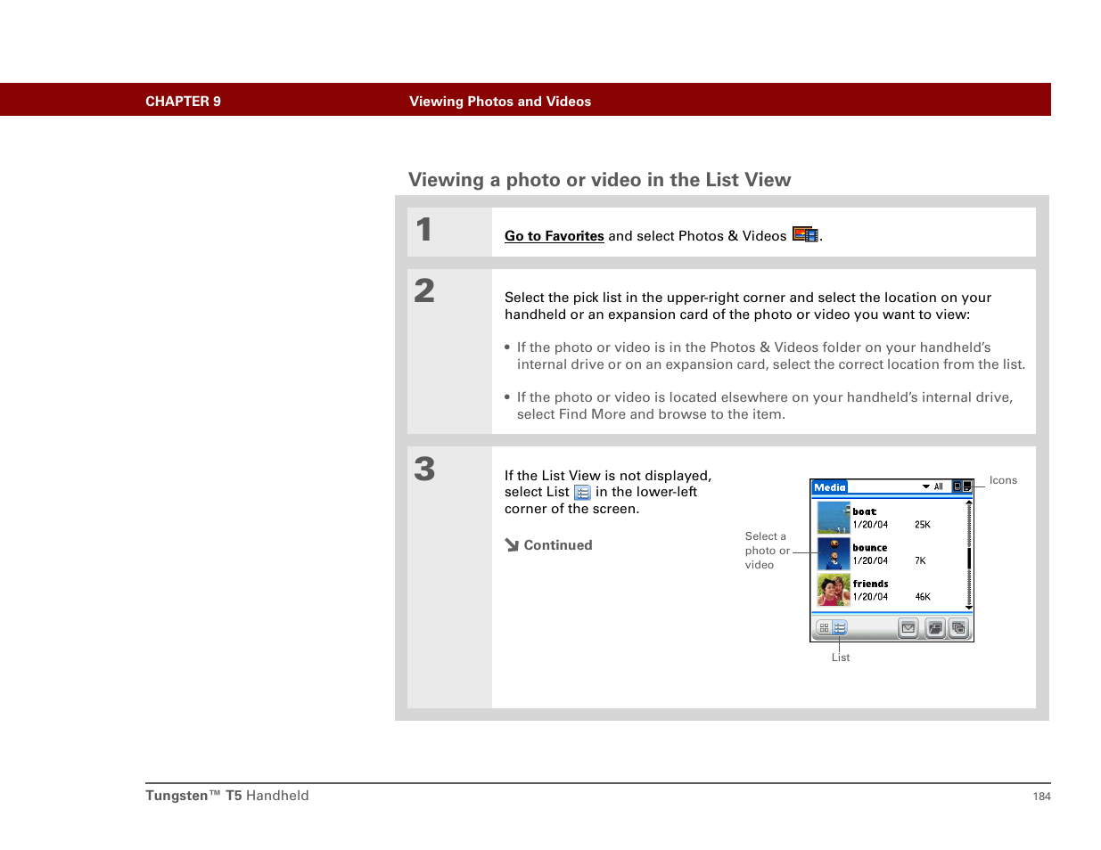 Viewing a photo or video in the list view | Palm T5 User Manual | Page 206 / 675