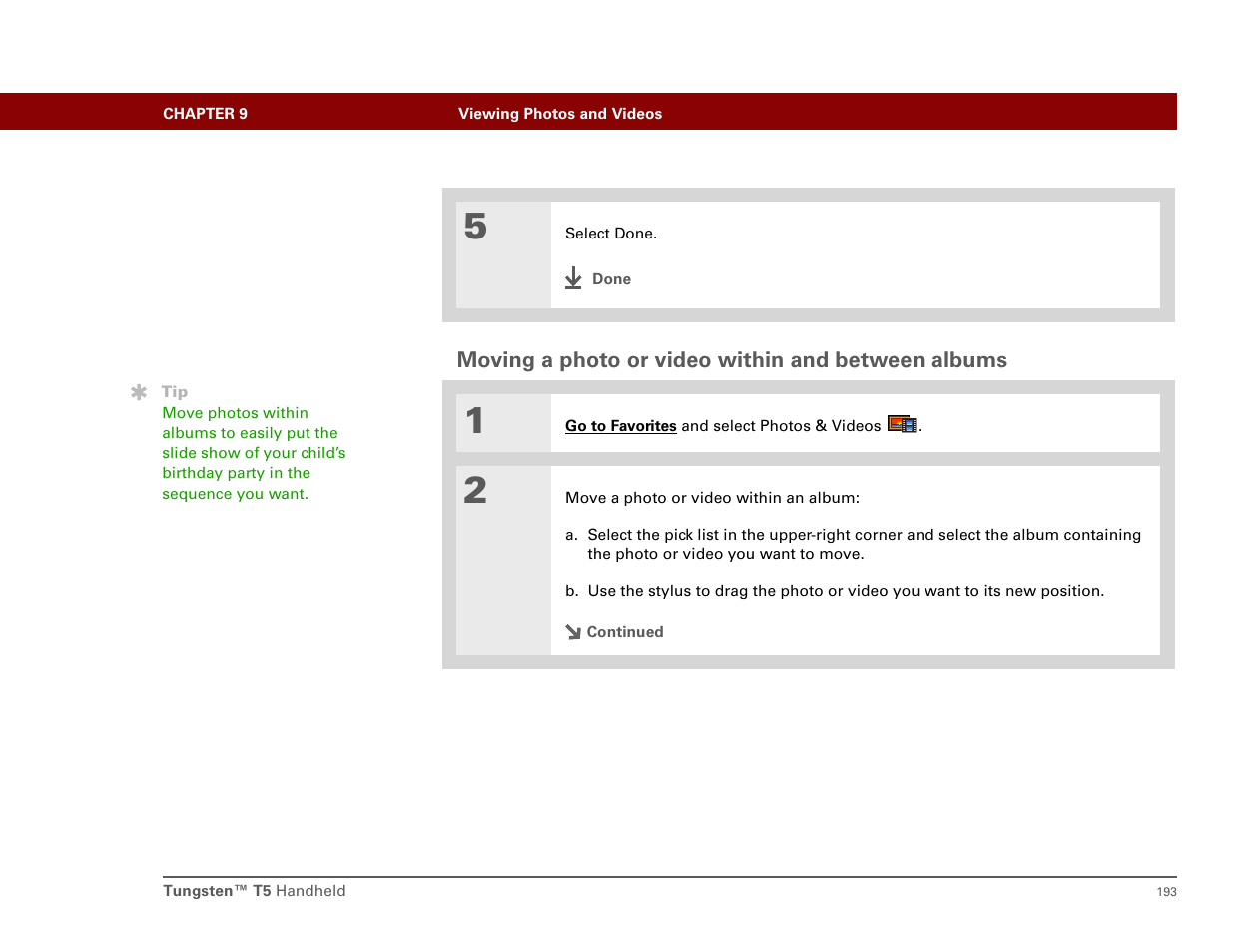 Moving a photo or video within and between albums | Palm T5 User Manual | Page 215 / 675