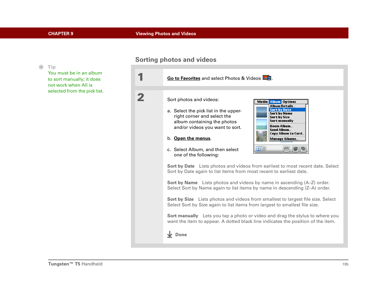 Sorting photos and videos | Palm T5 User Manual | Page 217 / 675