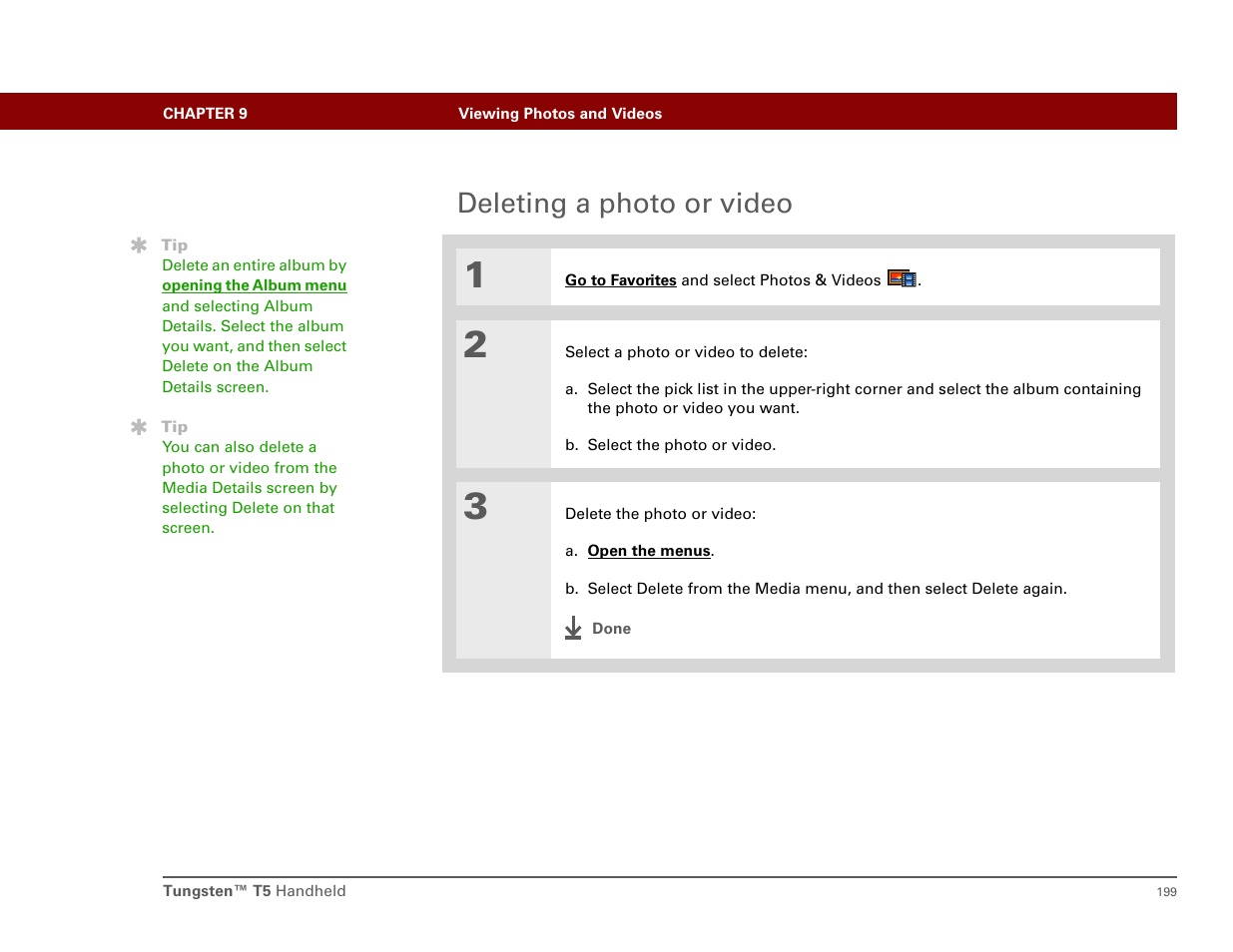 Deleting a photo or video | Palm T5 User Manual | Page 221 / 675