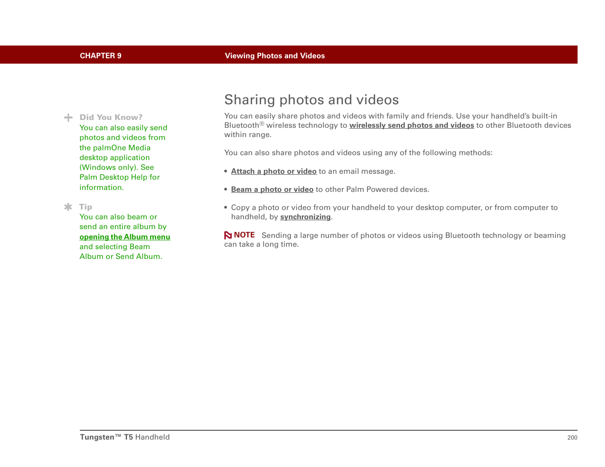 Sharing photos and videos | Palm T5 User Manual | Page 222 / 675