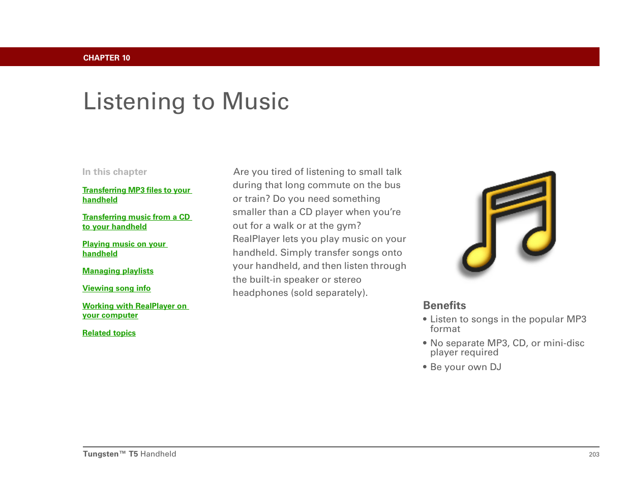 Listening to music, Chapter 10: listening to music, Music or | E realplayer desktop, Application, Realplayer | Palm T5 User Manual | Page 225 / 675