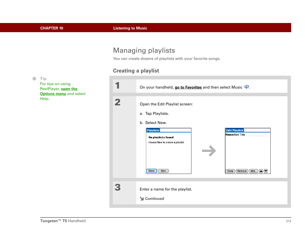 Managing playlists, Creating a playlist | Palm T5 User Manual | Page 235 / 675