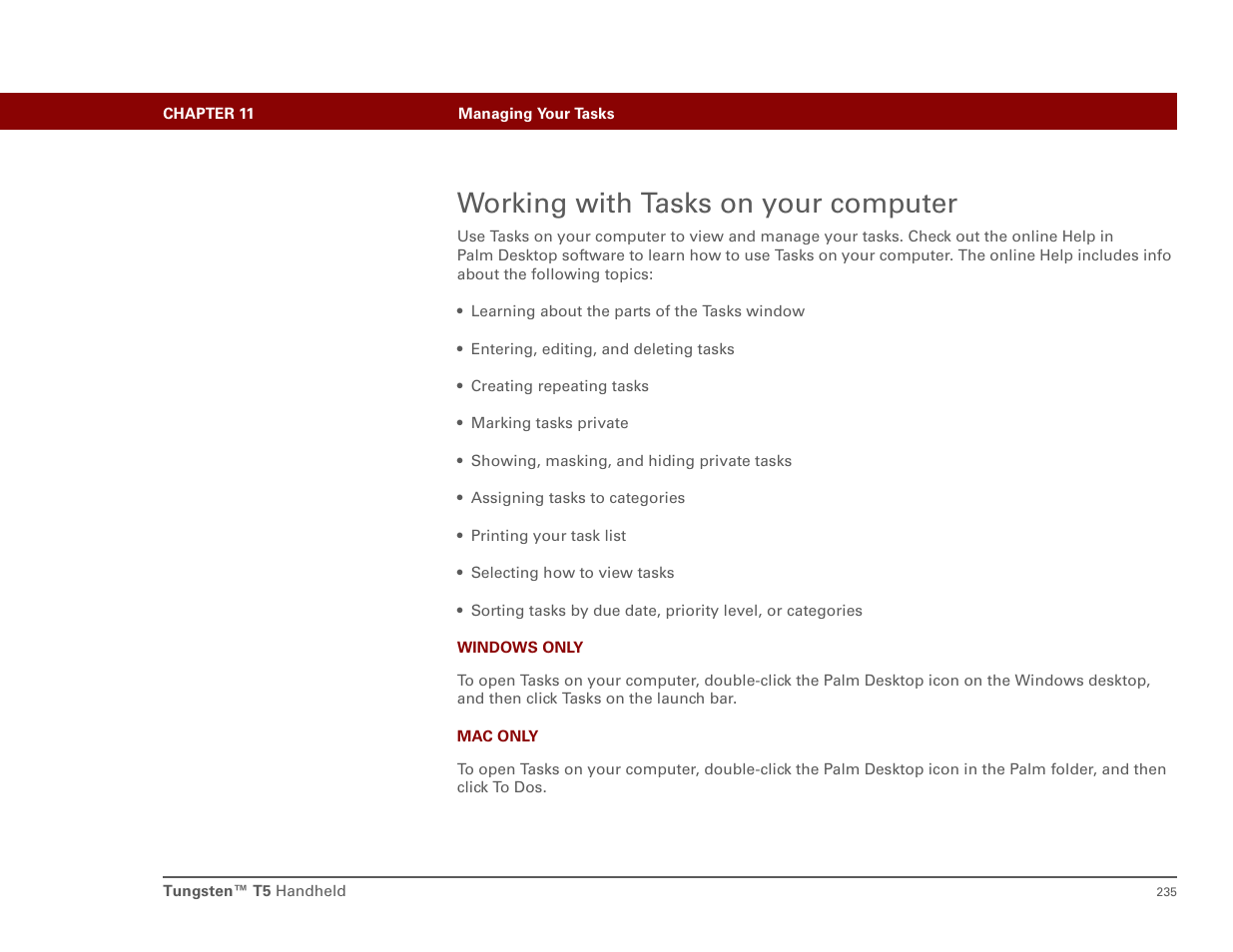 Working with tasks on your computer | Palm T5 User Manual | Page 257 / 675