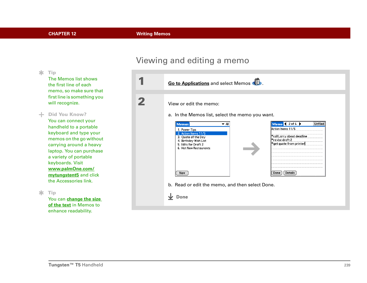 Viewing and editing a memo | Palm T5 User Manual | Page 261 / 675