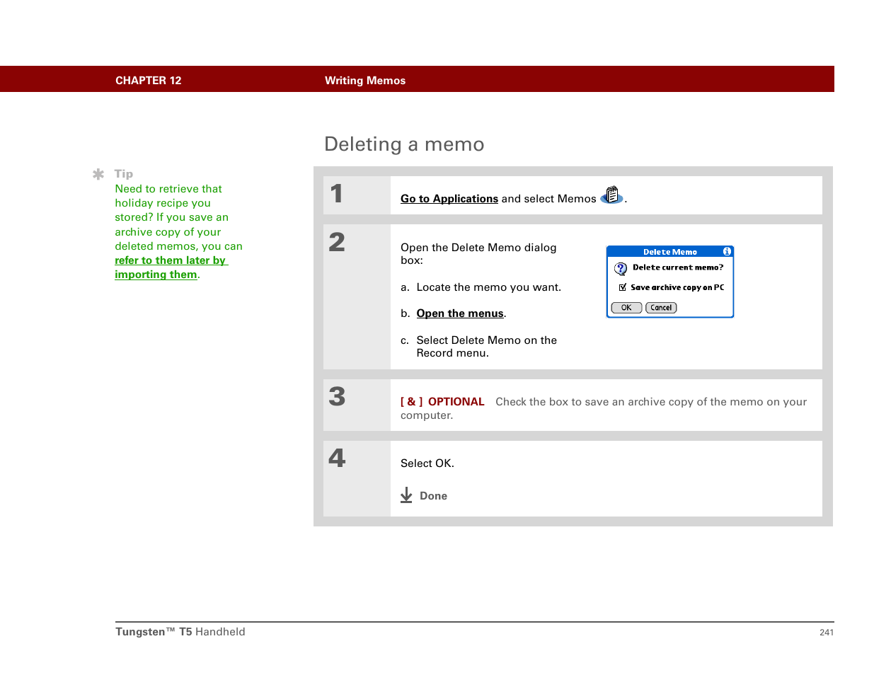 Deleting a memo | Palm T5 User Manual | Page 263 / 675