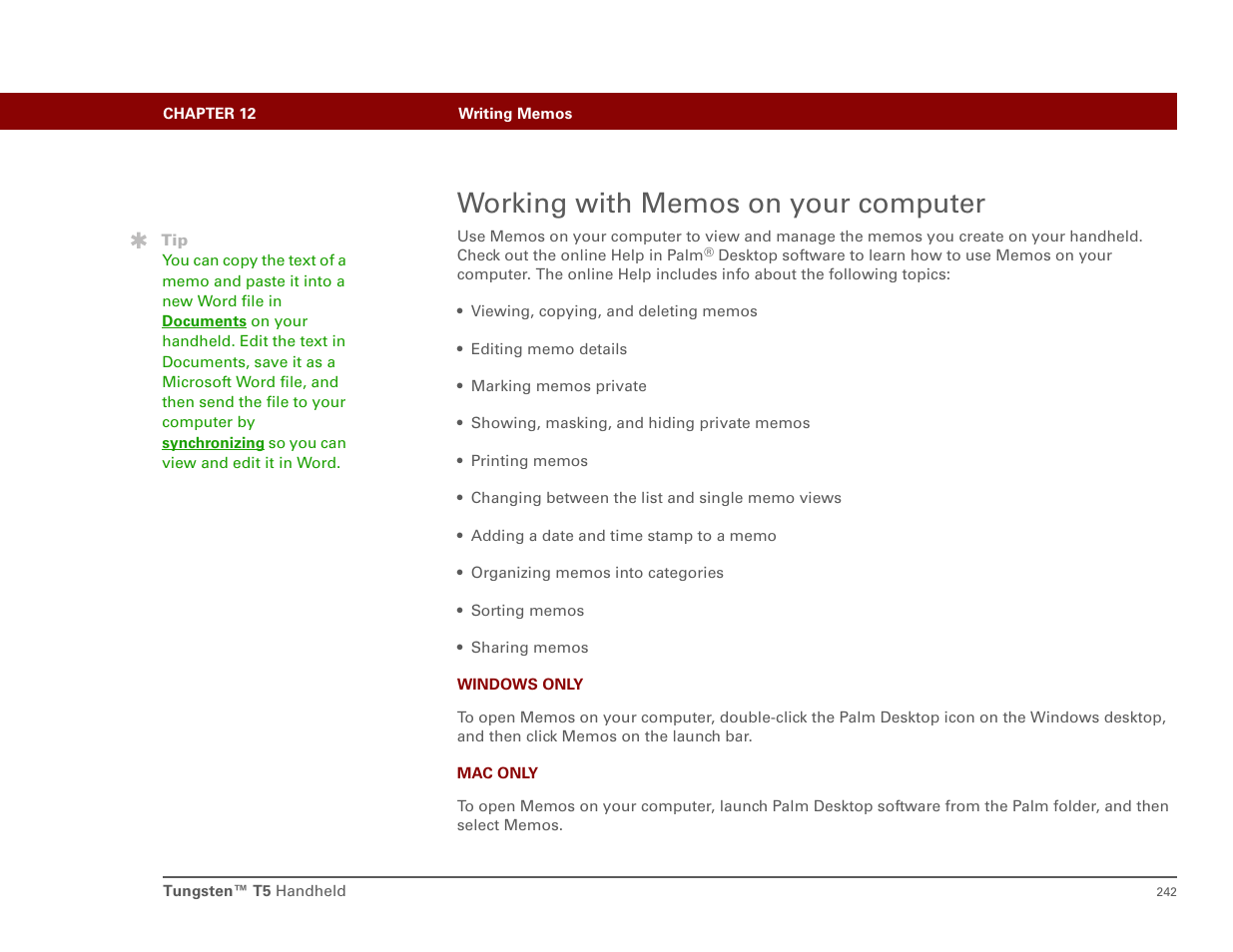 Working with memos on your computer | Palm T5 User Manual | Page 264 / 675