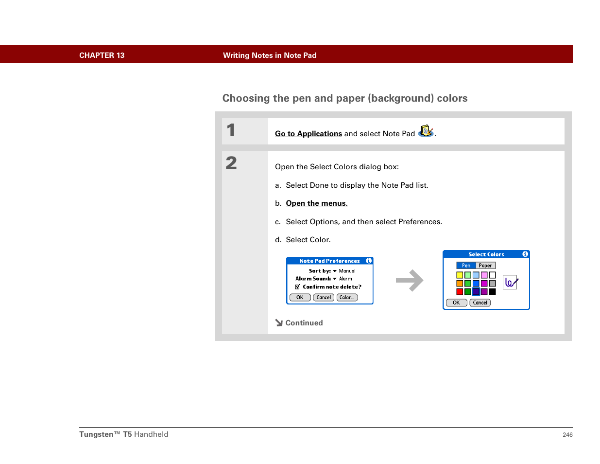 Choosing the pen and paper (background) colors | Palm T5 User Manual | Page 268 / 675