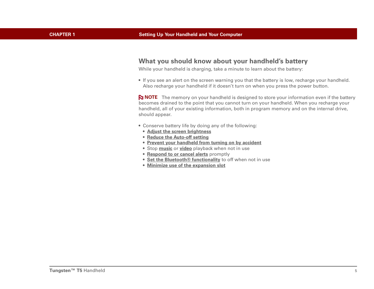 What you should know about your handheld’s battery | Palm T5 User Manual | Page 27 / 675