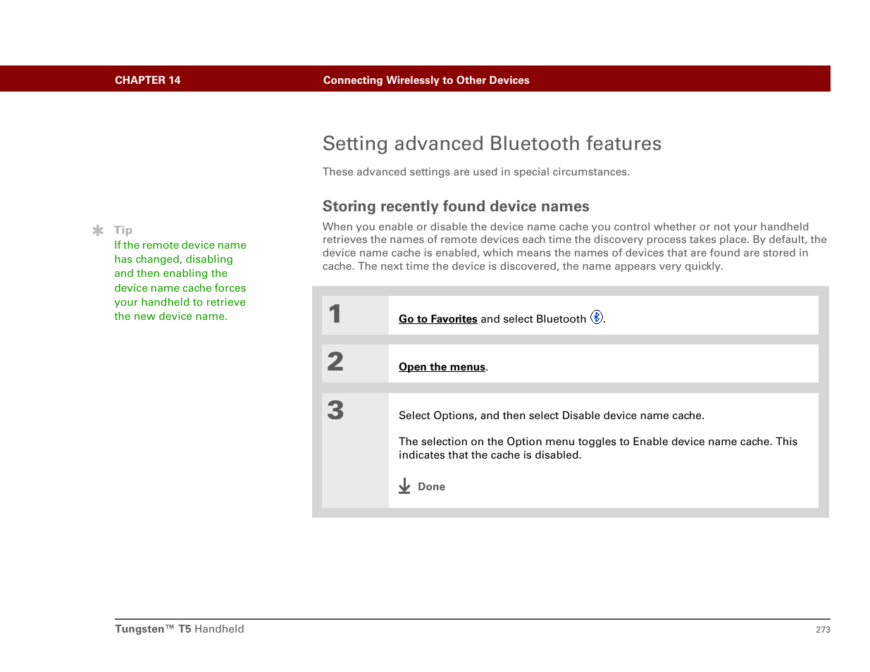 Setting advanced bluetooth features, Storing recently found device names | Palm T5 User Manual | Page 295 / 675