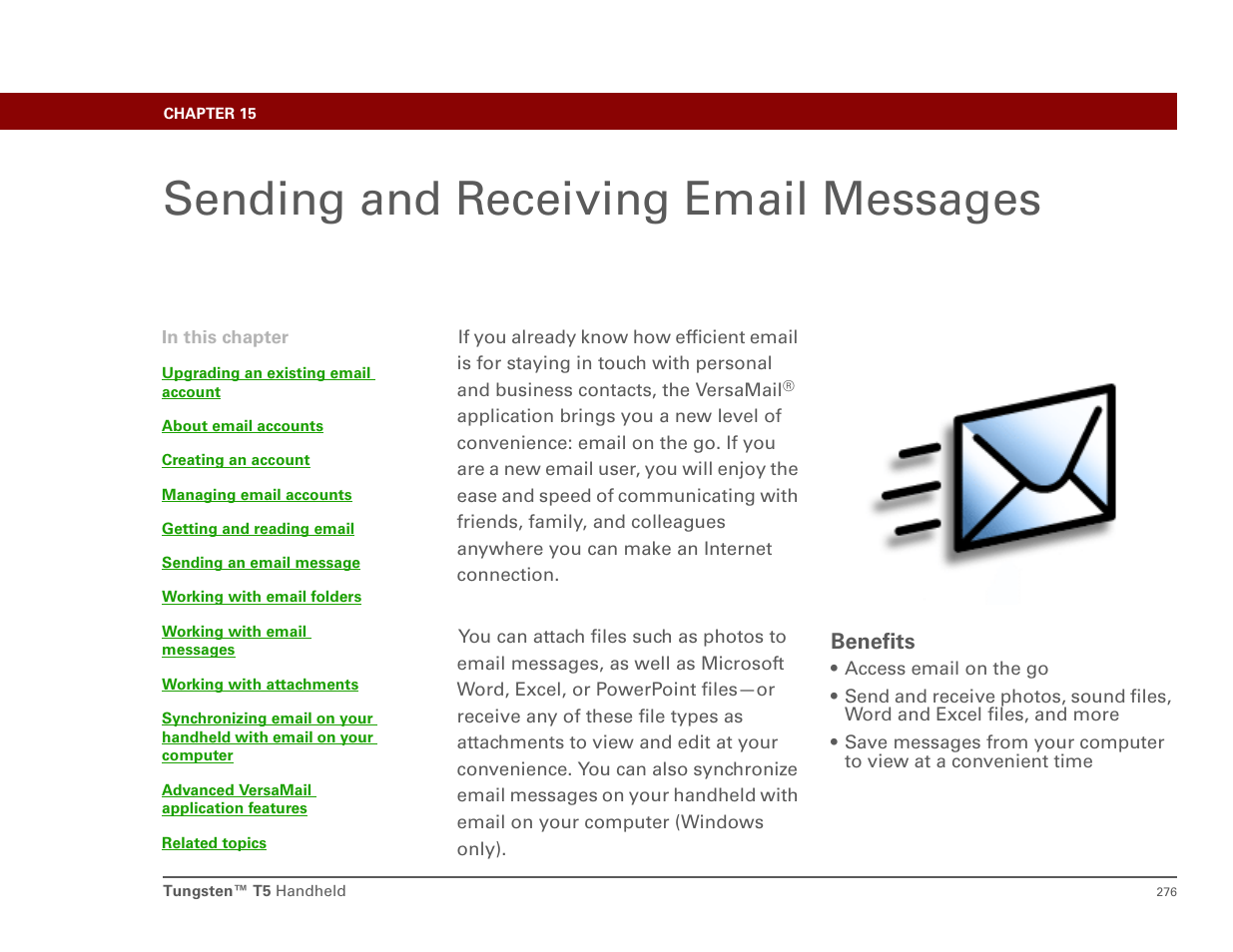 Sending and receiving email messages, Chapter 15: sending and receiving email messages, Versamail | Prerequisites for the email a, Prerequisites for the email and, Eady to send and receive email messages | Palm T5 User Manual | Page 298 / 675