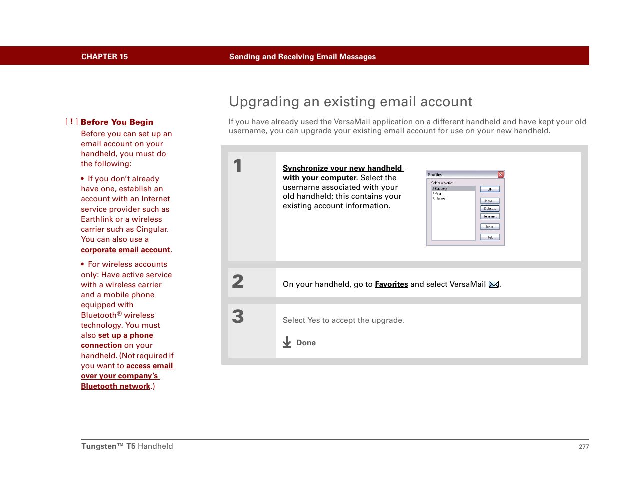 Upgrading an existing email account | Palm T5 User Manual | Page 299 / 675