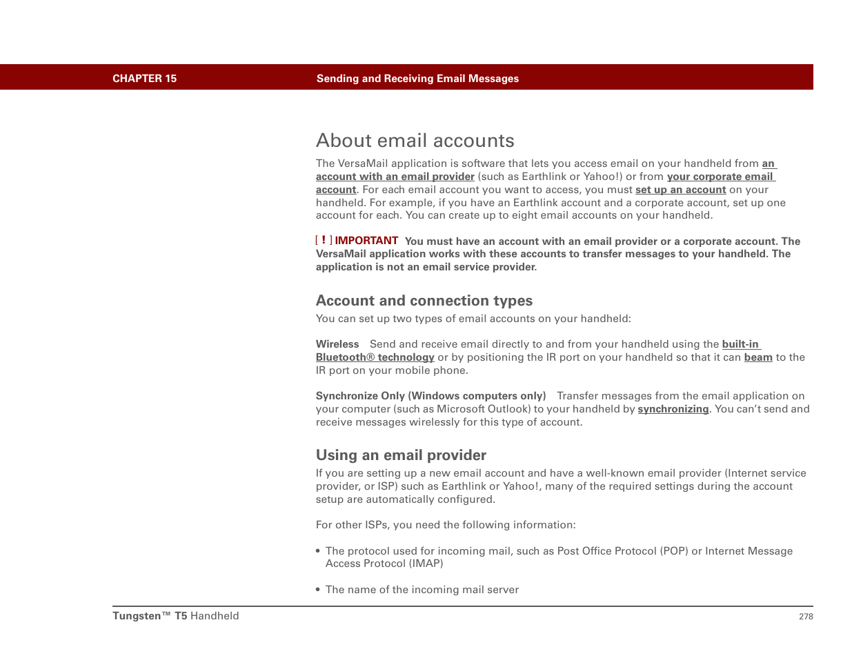 About email accounts, Account and connection types, Using an email provider | Palm T5 User Manual | Page 300 / 675