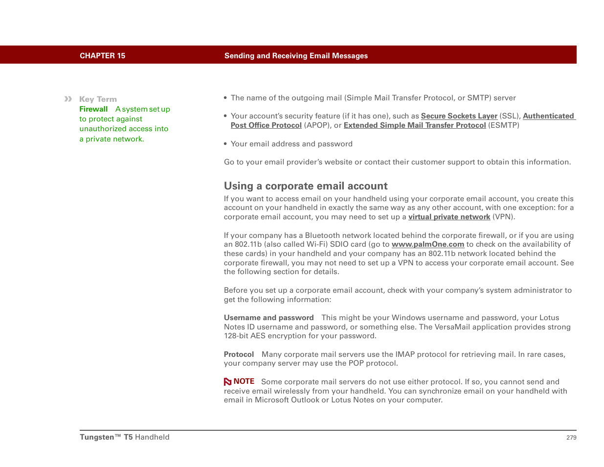 Using a corporate email account, Corporate email account, Your corporate email account | Palm T5 User Manual | Page 301 / 675