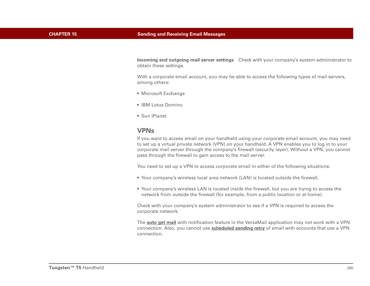 Vpns, Rtual private network | Palm T5 User Manual | Page 302 / 675