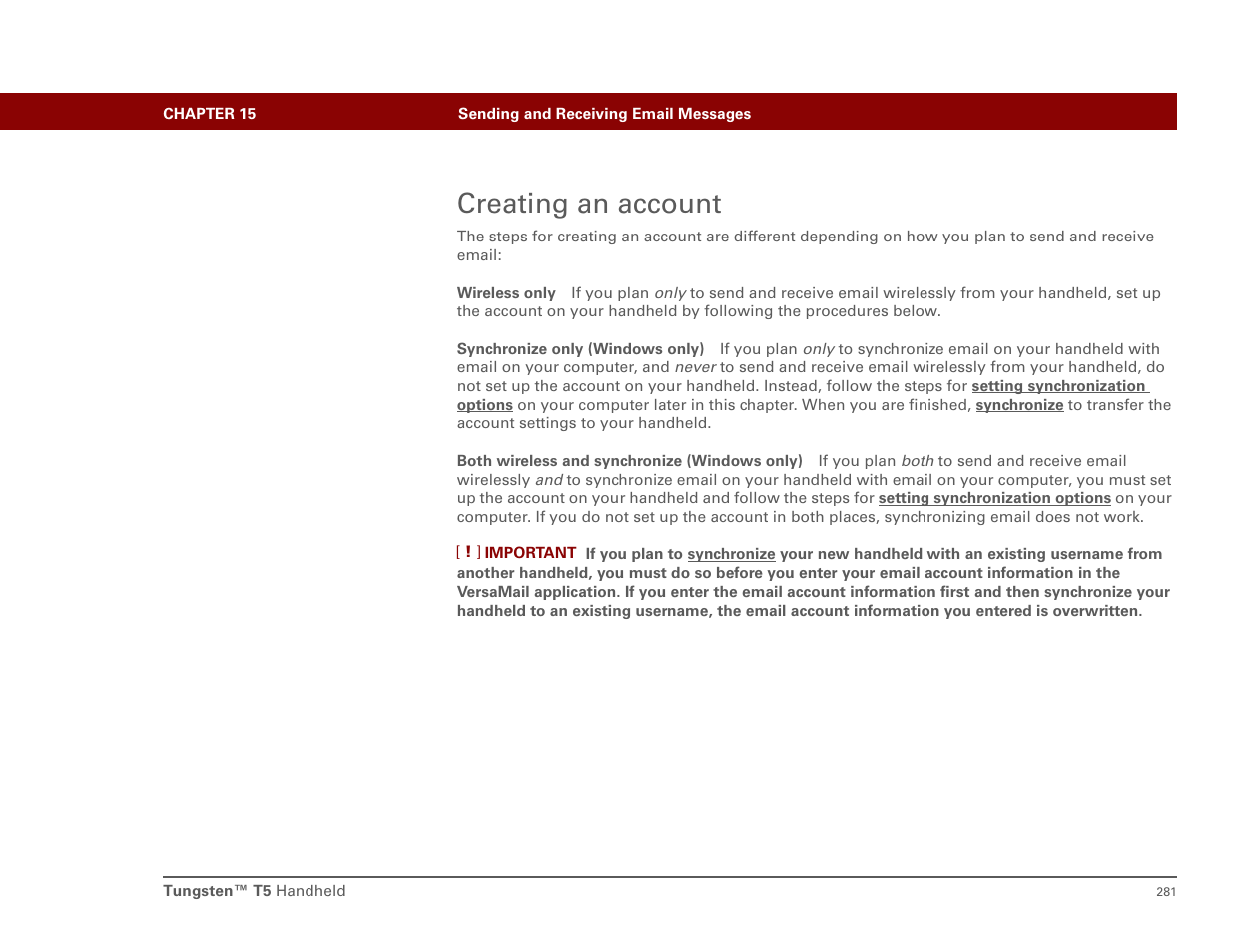 Creating an account, Set up an account | Palm T5 User Manual | Page 303 / 675