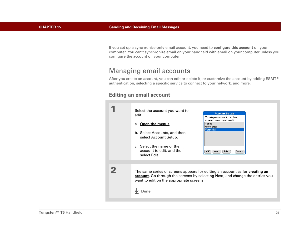 Managing email accounts, Editing an email account | Palm T5 User Manual | Page 313 / 675