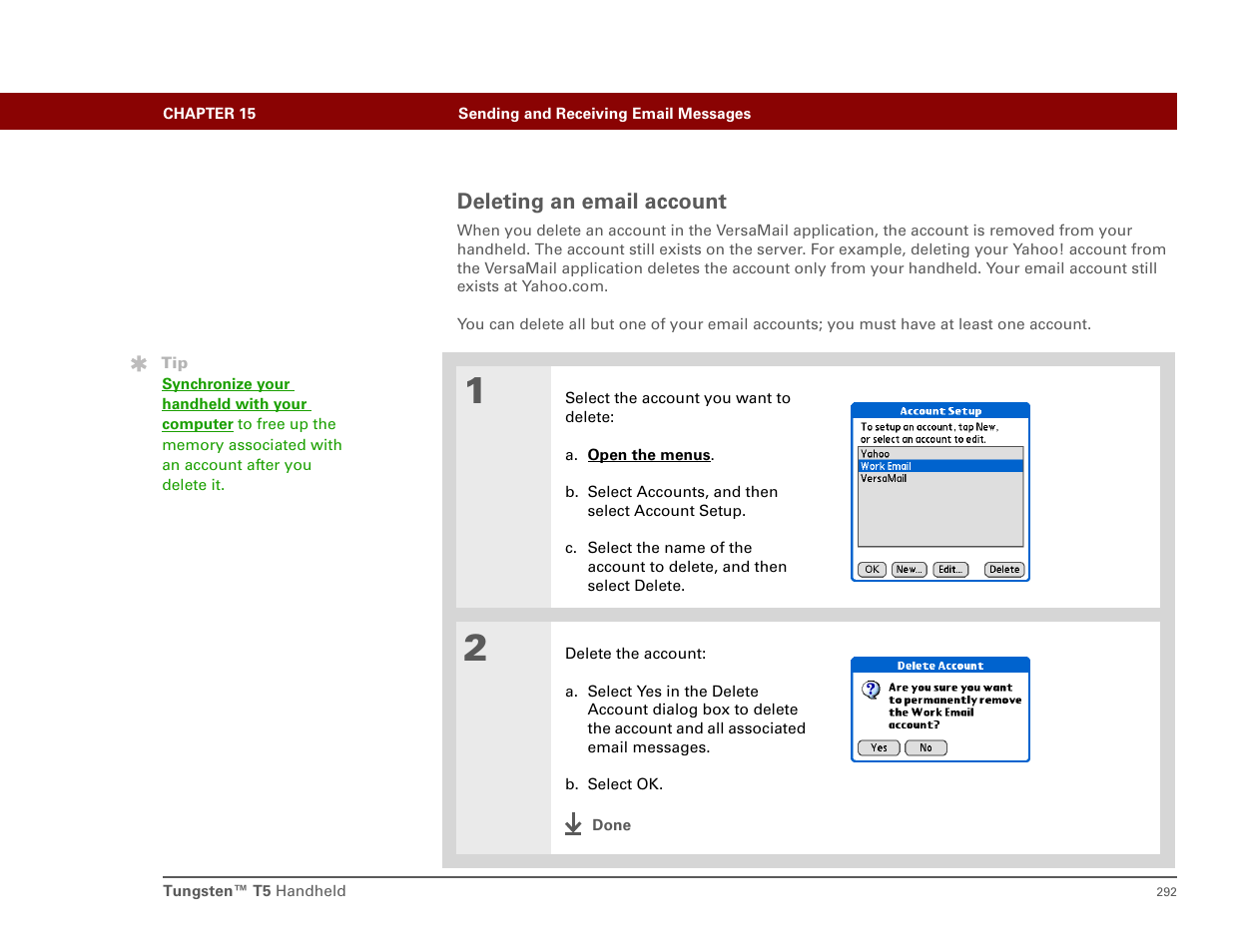 Deleting an email account | Palm T5 User Manual | Page 314 / 675
