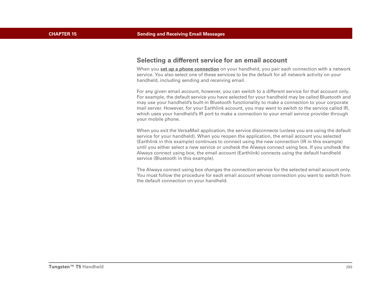 Selecting a different service for an email account | Palm T5 User Manual | Page 315 / 675