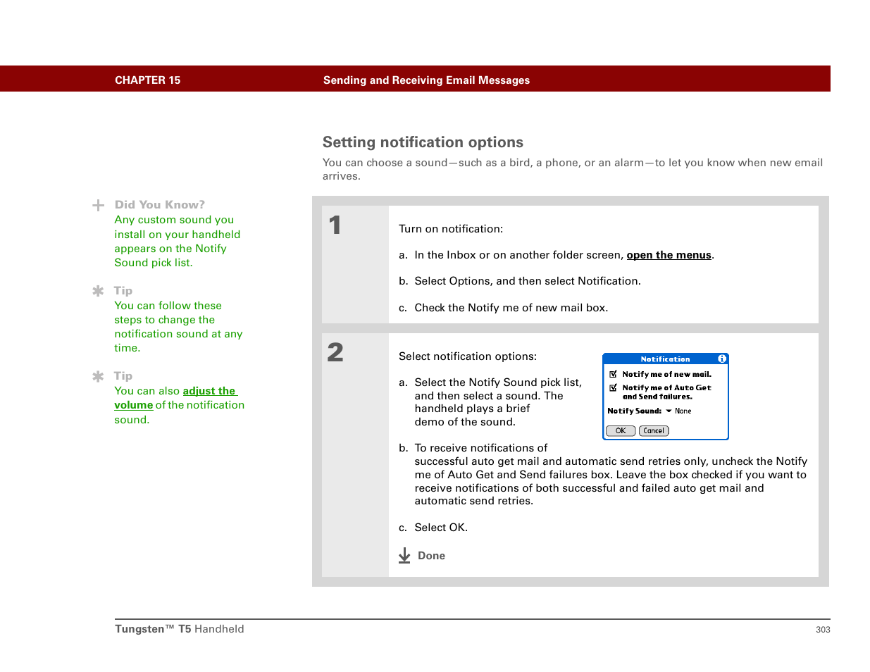 Setting notification options | Palm T5 User Manual | Page 325 / 675