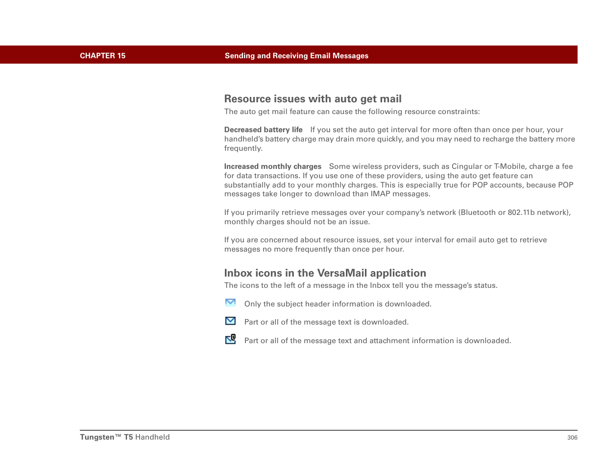 Resource issues with auto get mail, Inbox icons in the versamail application | Palm T5 User Manual | Page 328 / 675