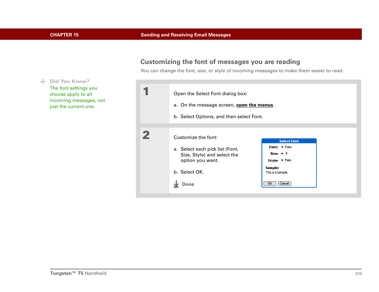 Customizing the font of messages you are reading | Palm T5 User Manual | Page 332 / 675