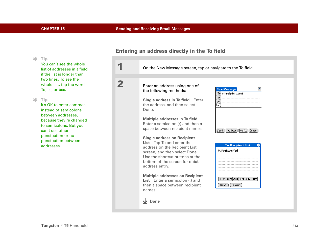 Entering an address directly in the to field, Entering it directly | Palm T5 User Manual | Page 335 / 675