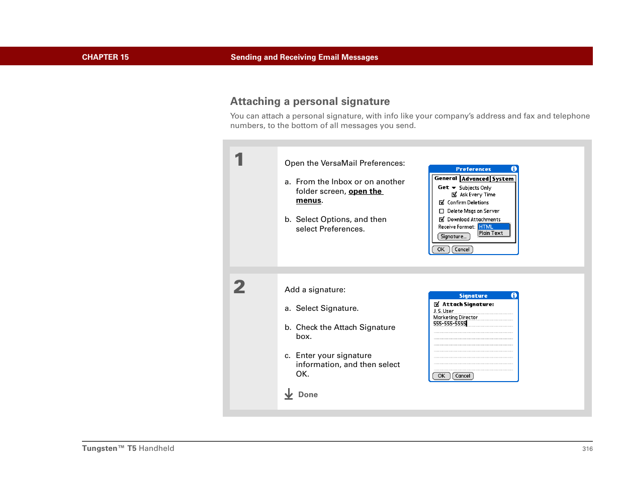 Attaching a personal signature | Palm T5 User Manual | Page 338 / 675