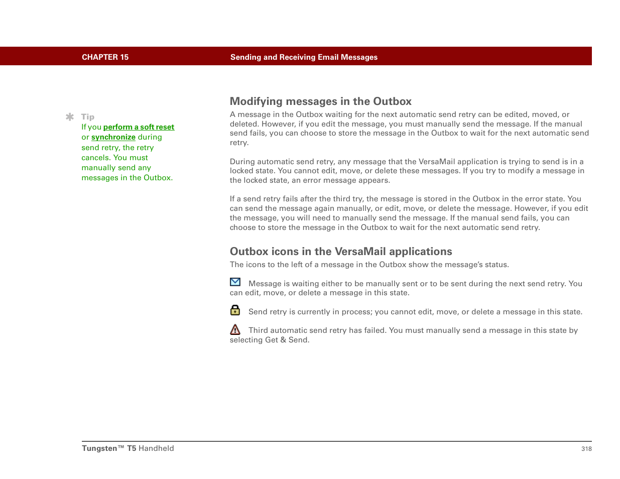 Modifying messages in the outbox, Outbox icons in the versamail applications | Palm T5 User Manual | Page 340 / 675