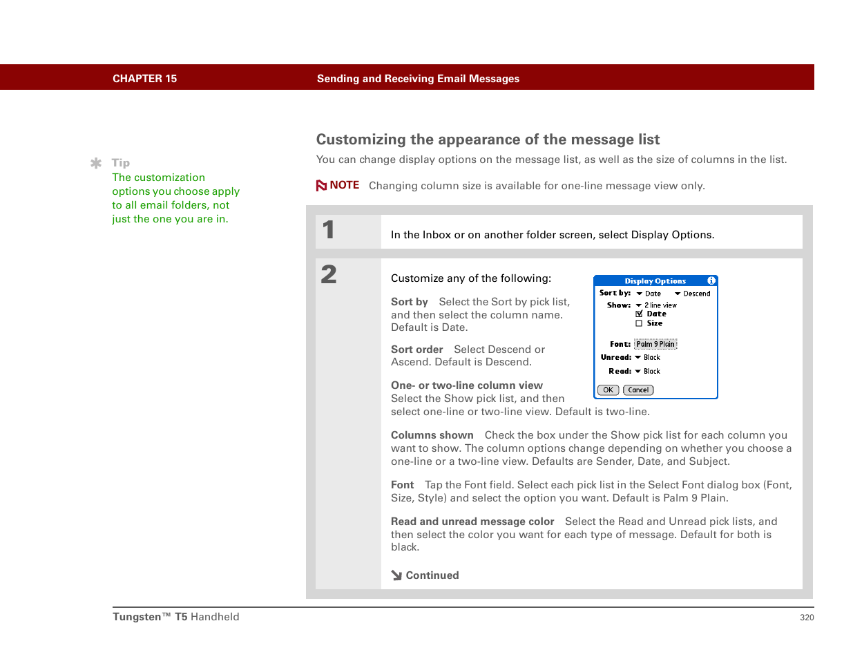 Customizing the appearance of the message list | Palm T5 User Manual | Page 342 / 675