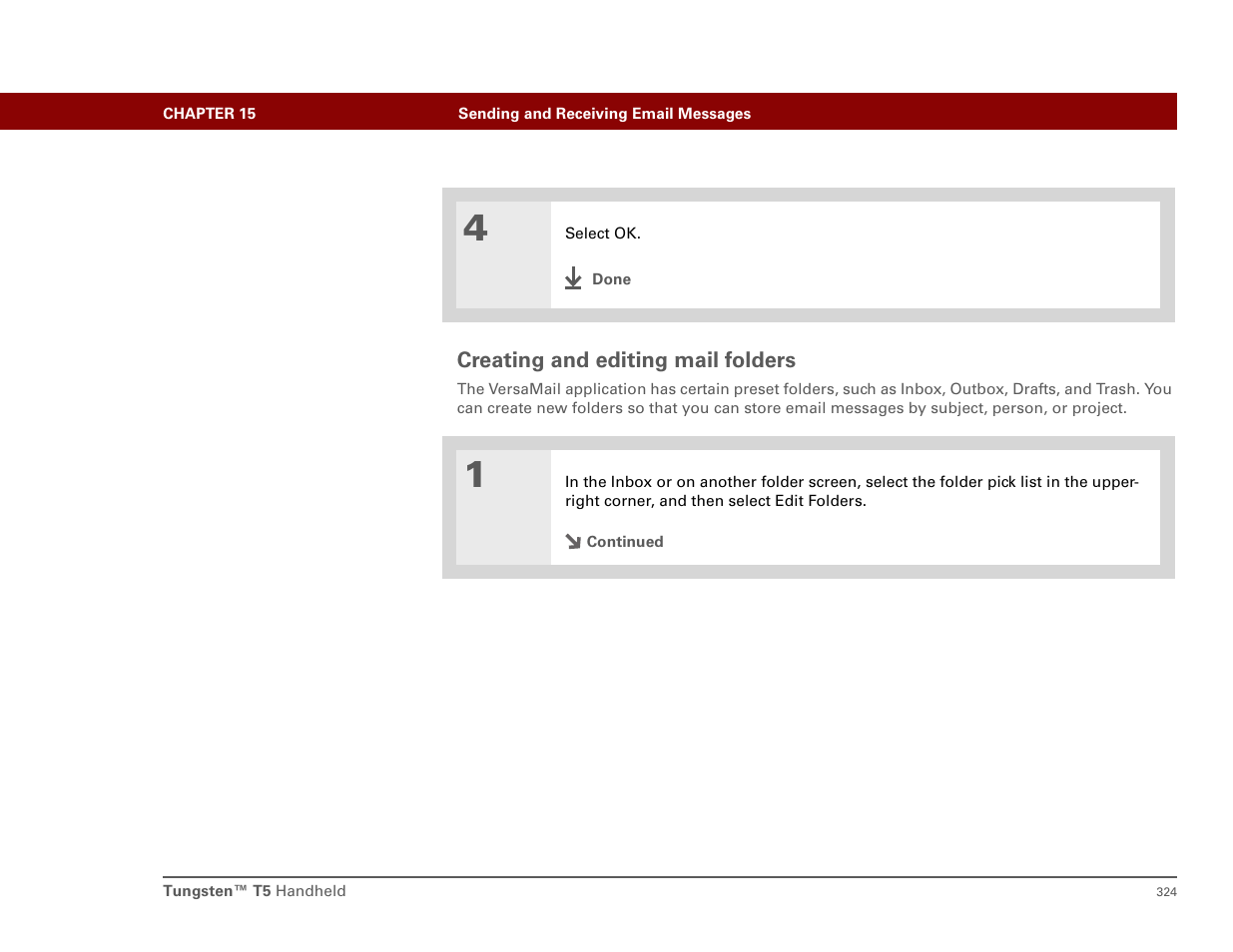 Creating and editing mail folders | Palm T5 User Manual | Page 346 / 675