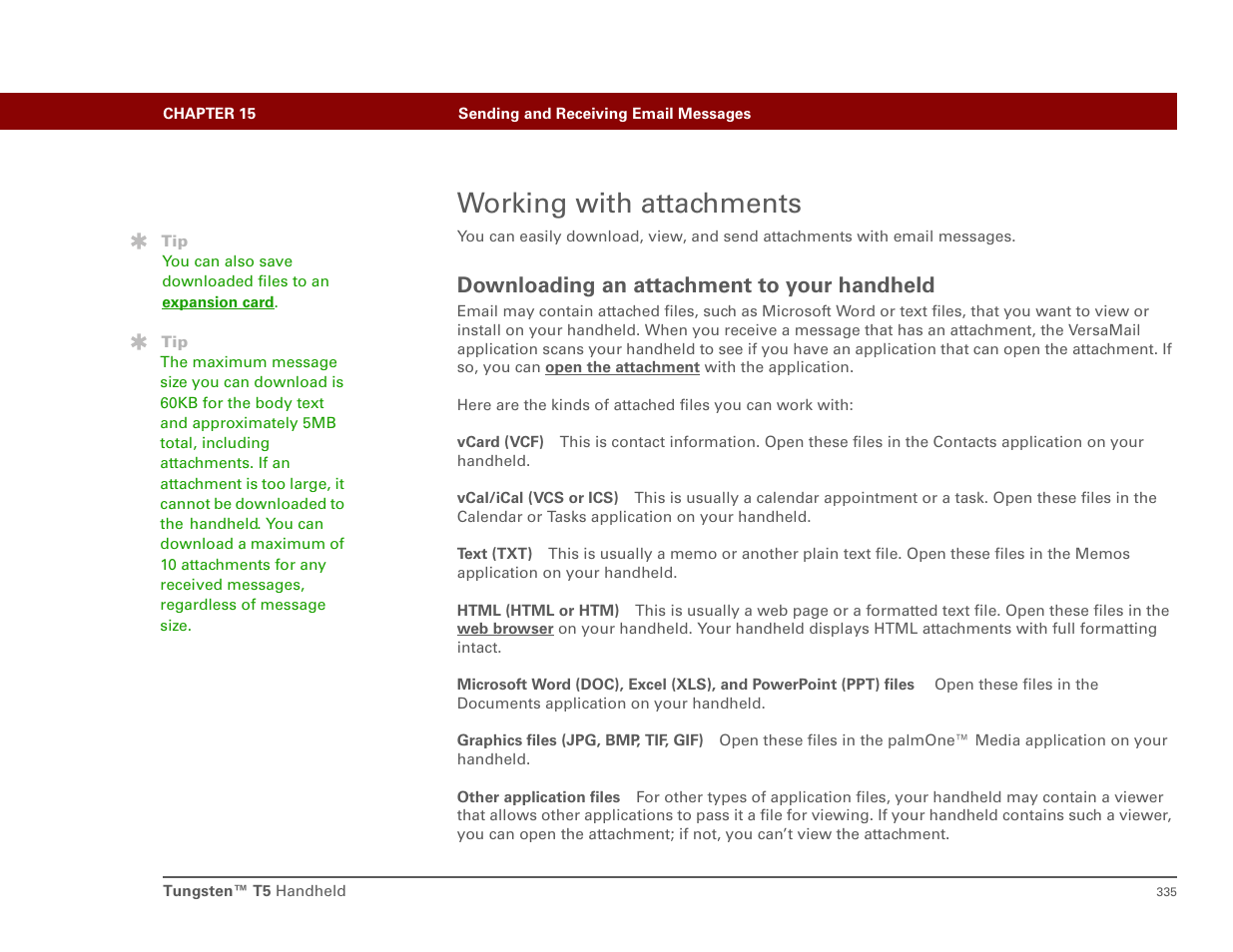 Working with attachments, Downloading an attachment to your handheld, Download attachments | Palm T5 User Manual | Page 357 / 675