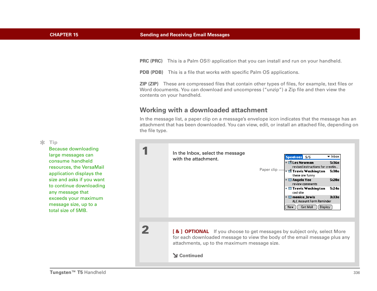 Working with a downloaded attachment | Palm T5 User Manual | Page 358 / 675