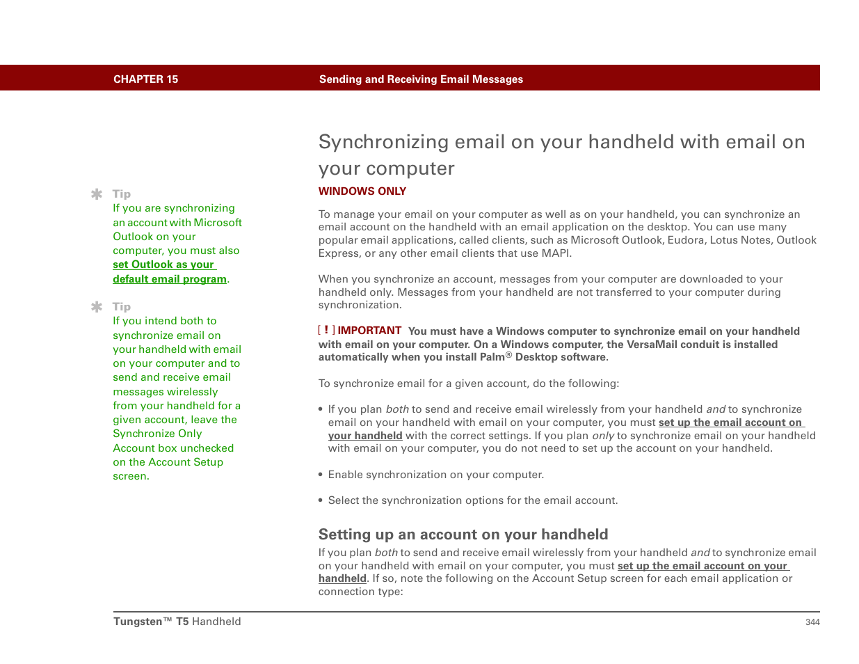 Setting up an account on your handheld, Synchronizing email on your handheld with email on, Setting synchronization options | R setting synchronization options | Palm T5 User Manual | Page 366 / 675