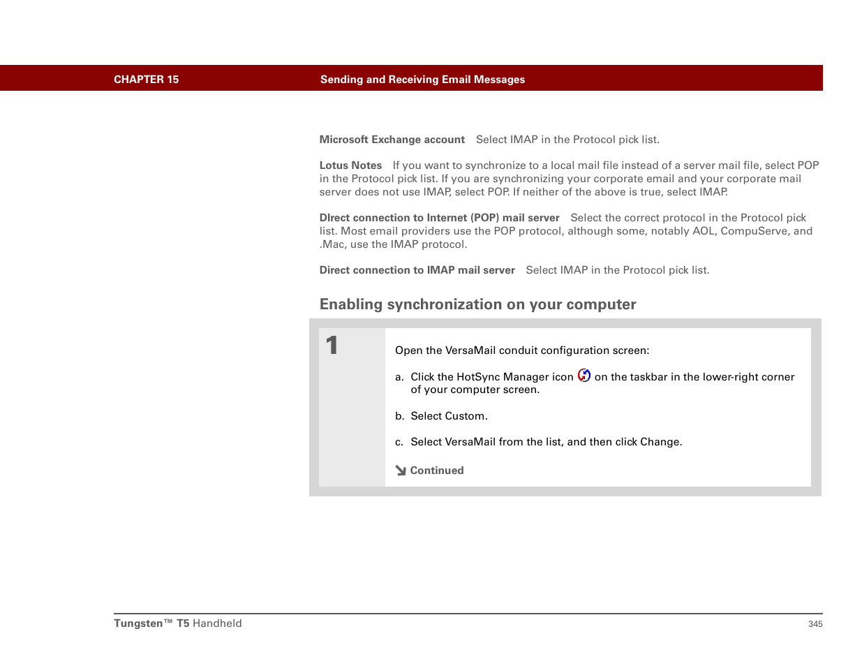 Enabling synchronization on your computer | Palm T5 User Manual | Page 367 / 675