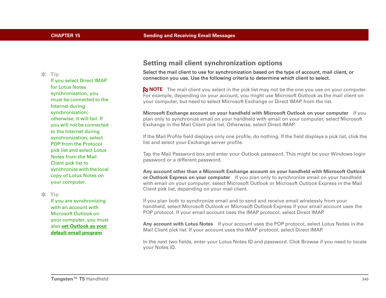 Setting mail client synchronization options | Palm T5 User Manual | Page 371 / 675