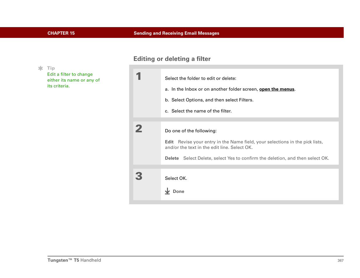 Editing or deleting a filter | Palm T5 User Manual | Page 389 / 675