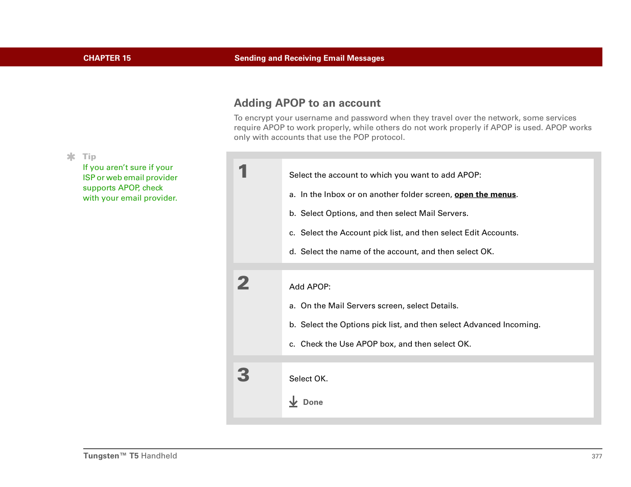 Adding apop to an account, Authenticated, Post office protocol (apop | Palm T5 User Manual | Page 399 / 675