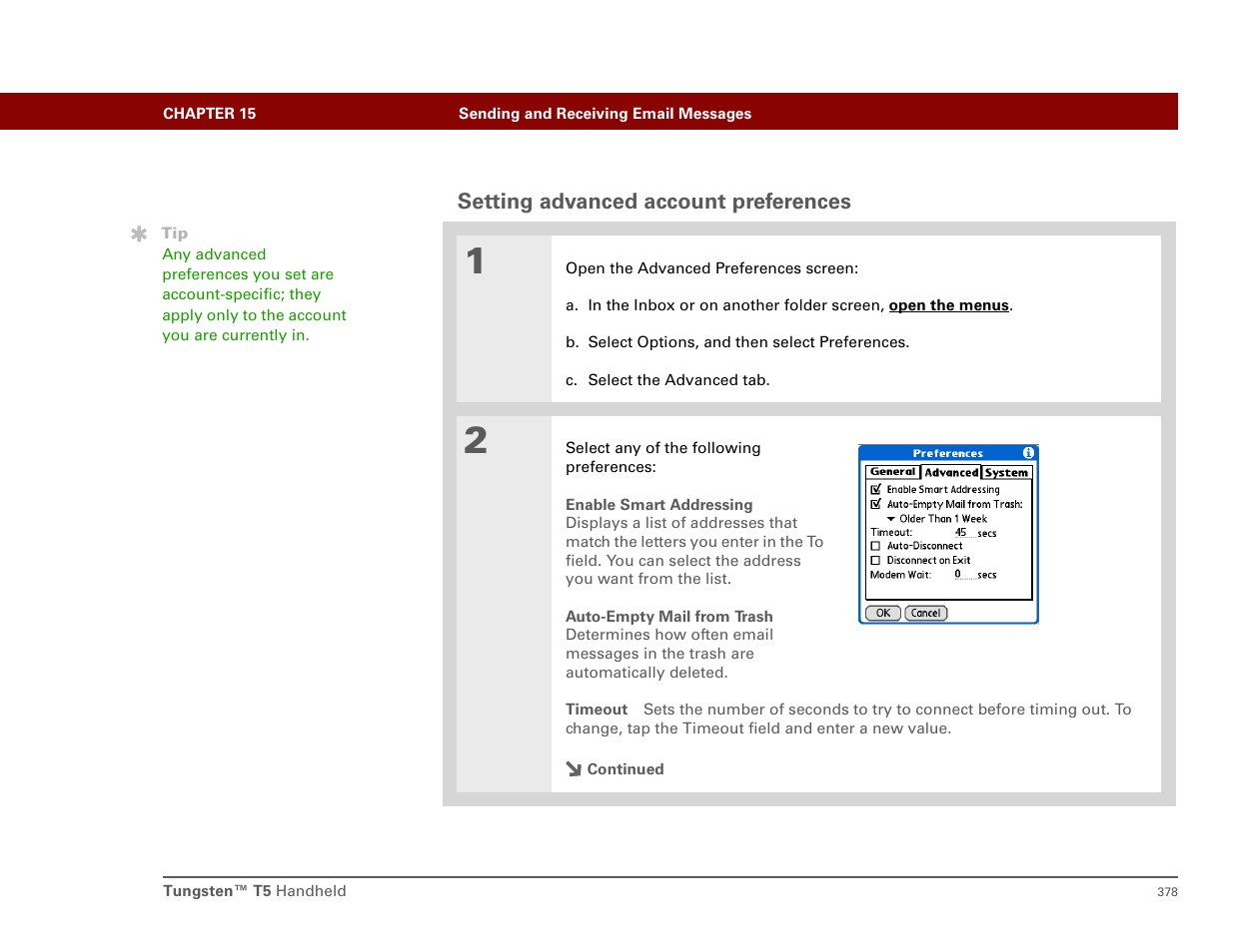 Setting advanced account preferences | Palm T5 User Manual | Page 400 / 675