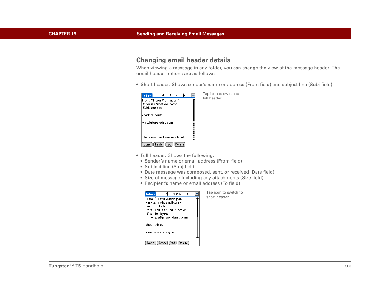 Changing email header details | Palm T5 User Manual | Page 402 / 675