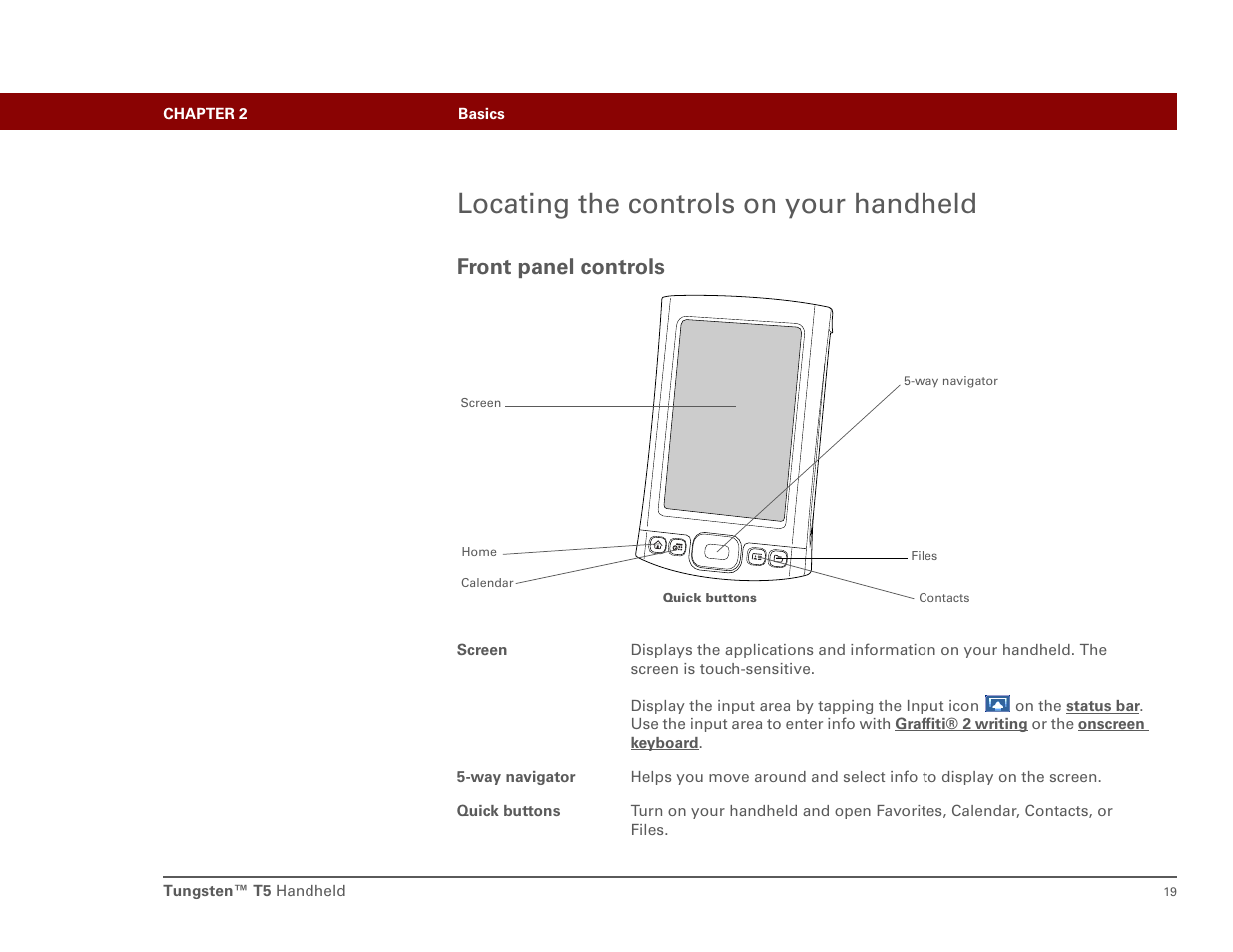 Locating the controls on your handheld, Front panel controls | Palm T5 User Manual | Page 41 / 675