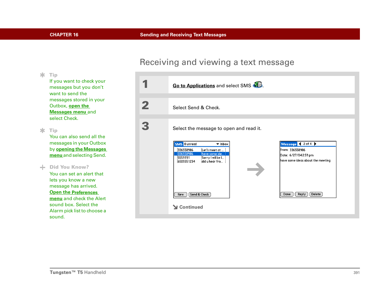 Receiving and viewing a text message | Palm T5 User Manual | Page 413 / 675