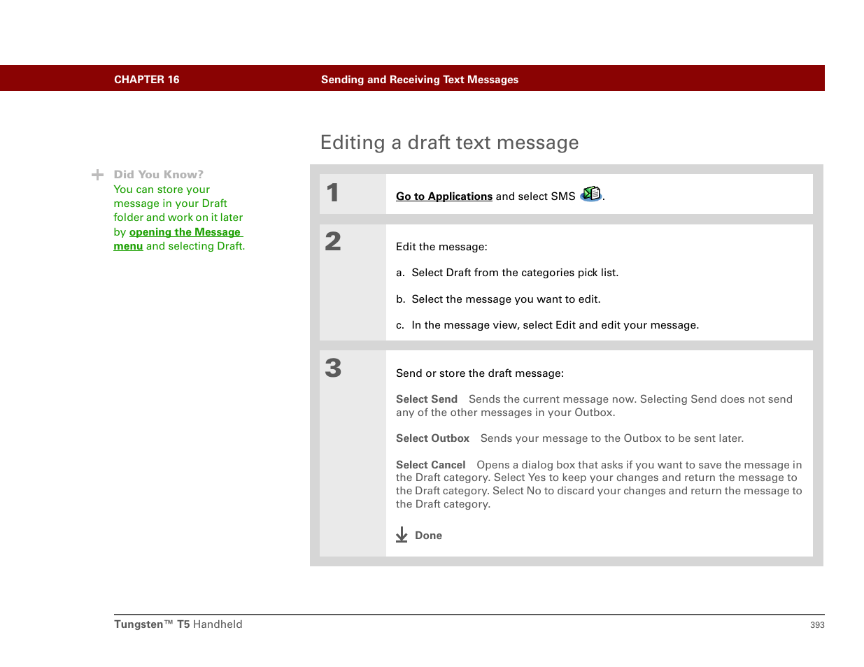 Editing a draft text message | Palm T5 User Manual | Page 415 / 675