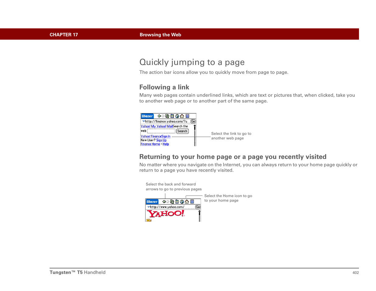 Following a link, Quickly jumping to a page | Palm T5 User Manual | Page 424 / 675