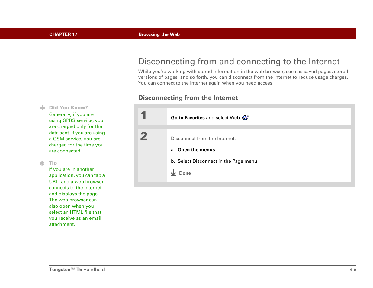 Disconnecting from and connecting to the internet, Disconnecting from the internet | Palm T5 User Manual | Page 432 / 675