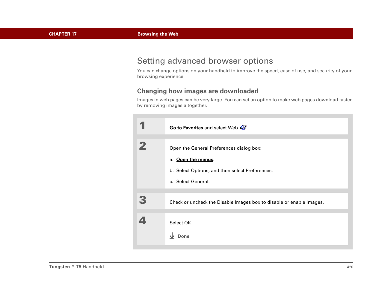 Setting advanced browser options, Changing how images are downloaded | Palm T5 User Manual | Page 442 / 675