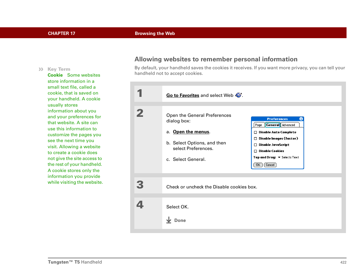 Allowing websites to remember personal information | Palm T5 User Manual | Page 444 / 675