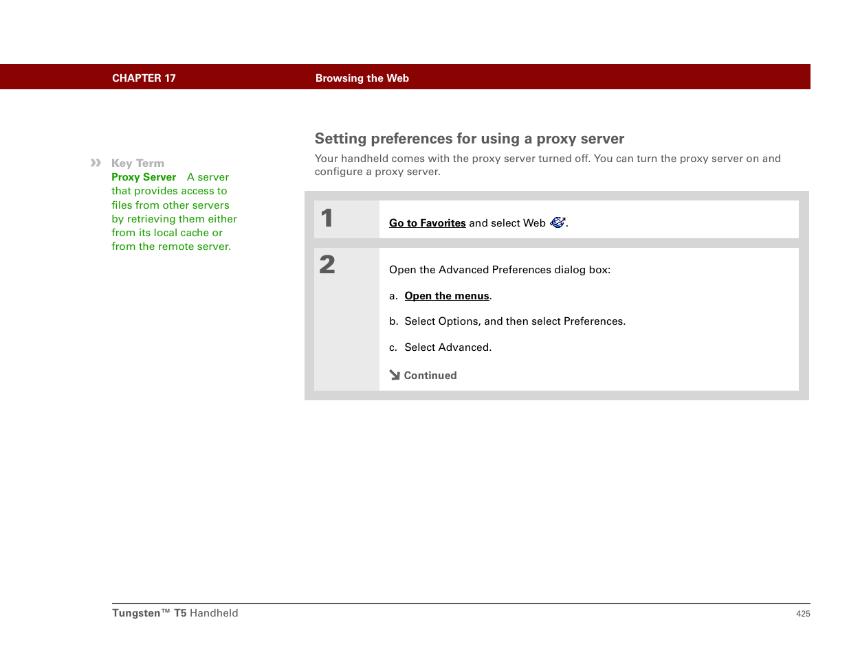 Setting preferences for using a proxy server | Palm T5 User Manual | Page 447 / 675