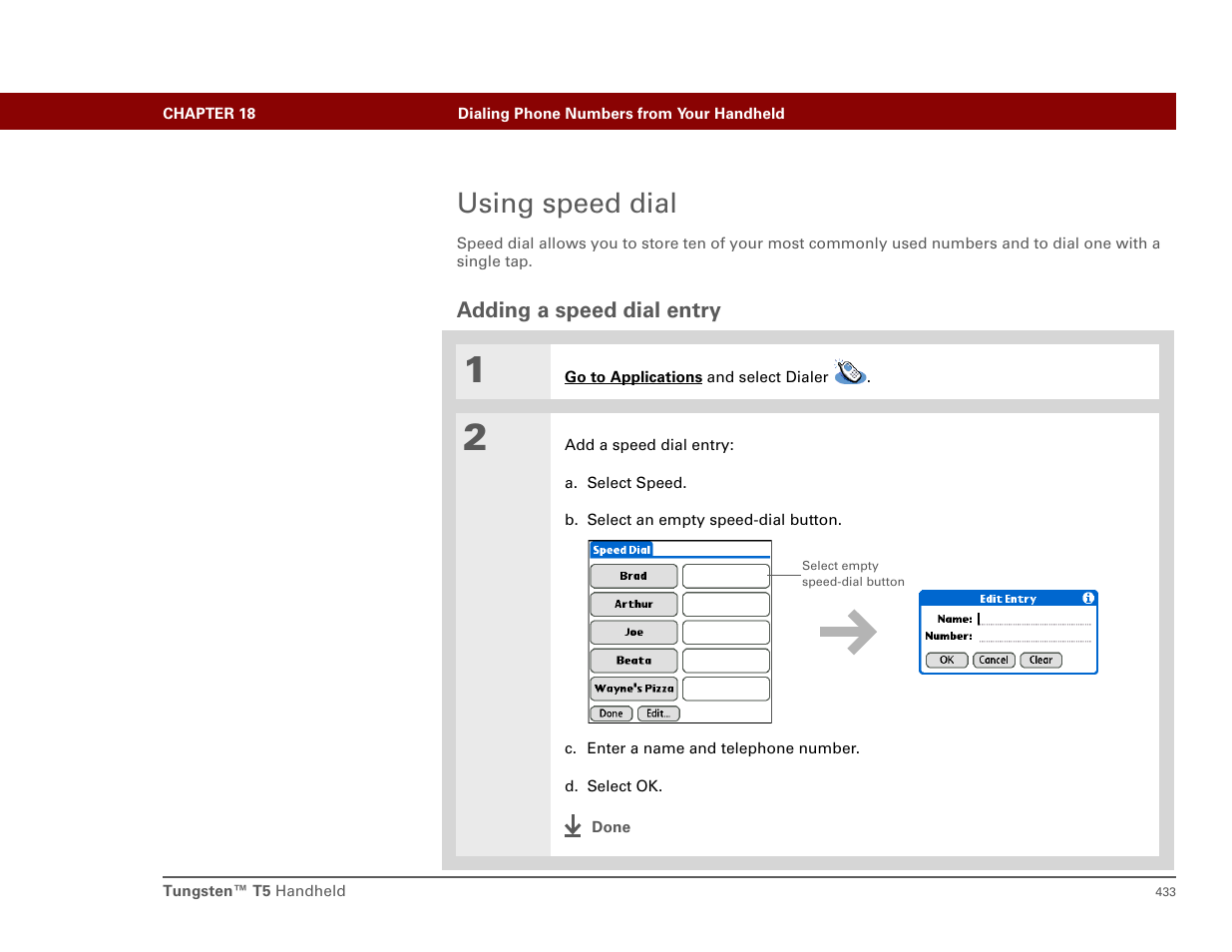 Using speed dial, Adding a speed dial entry | Palm T5 User Manual | Page 455 / 675